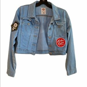 kids dickies jean jacket with patches sz. M 10/12